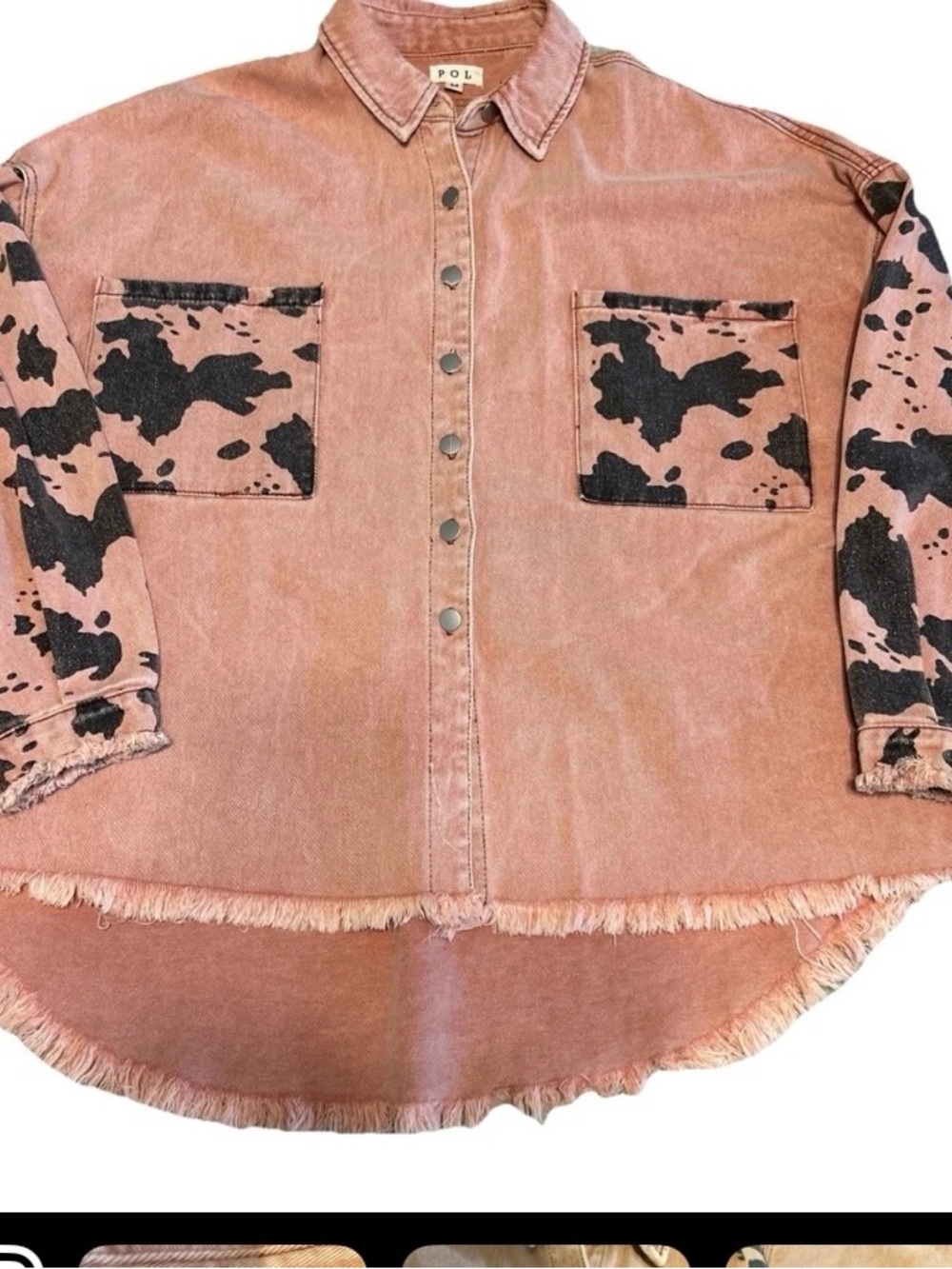 POL Light Red-Pink Denim SHACKET with Black Cow-Print Patches Raw edges